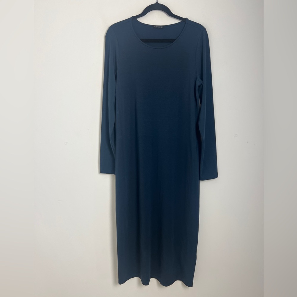 Eileen Fisher Small Dark Blue Stretch Tencel Jersey Long Sleeve‎ Midi Dress